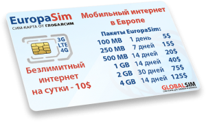 Туистическая сим-карта дешевого мобильного интернета Europasim